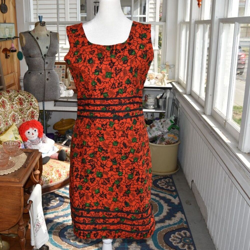 Vintage 1960s Red-Orange Novelty Print Sheath Dress Mod Wiggle Floral Small